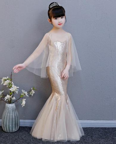 Gold Wedding Girl Dress Modis Princess Dresses Birthday Mermaid Gown Slim  Ttaiwan Show Costume Kids Clothes Vestidos Y4 Color Gold Kid Size 12T