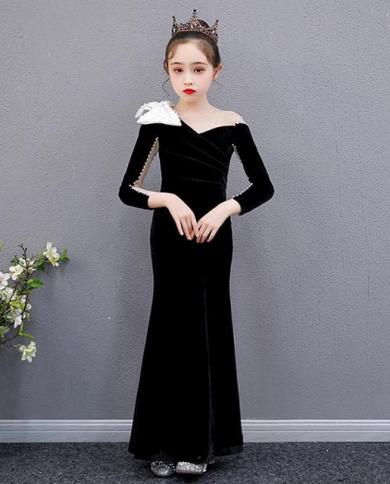 New Elegant Girl Princess Dress Children Fashion Show Birthday Party  Evening Gown Bow Beading Design Mermaid Girl Dress Color Black Kid Size  8T130cm
