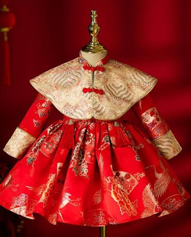 2023 Autumn Winter Children's Princess Evening Gown Shawl Design Birthday Baptism  Dress Girls' Christmas New Year Clothe Color Red Kid Size 6M70cm