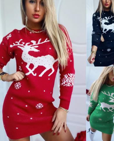 סתיו וחורף חדש חג המולד וואפיטי אקארד סריגת סוודרים שמלת נשים אופנה שרוולים ארוכים רזה להתחמם גברת