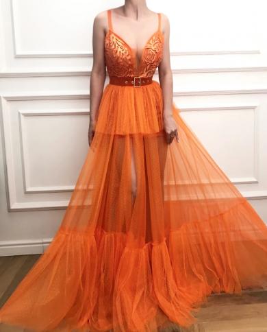 bridalaffair orange a line שמלות נשף גבוהות קפלי ספגטי רצועות ספגטי vestido de gala מדורגת טול נשים רשמי אפילו