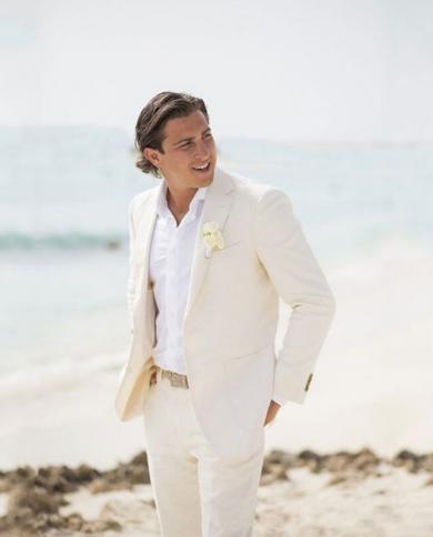 Beige 2 Piece Casual Men Linen Suit Party Prom Groom Tuxedo Wedding Suit  Custom