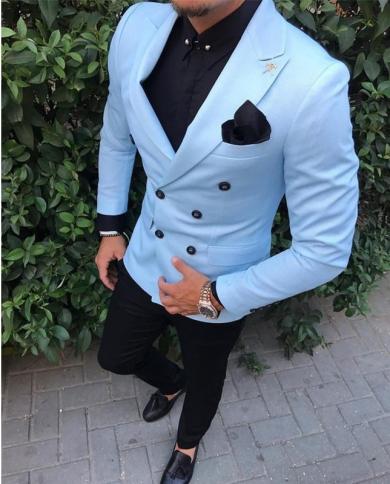 Slim Fit Men Suit Blue Double Breasted Jacket White Pants Tuxedo Party Prom  Suit