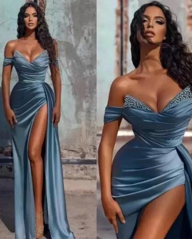 On Zhu Long Evening Dresses 2023 Pleats Beaded Front Slit V Neck