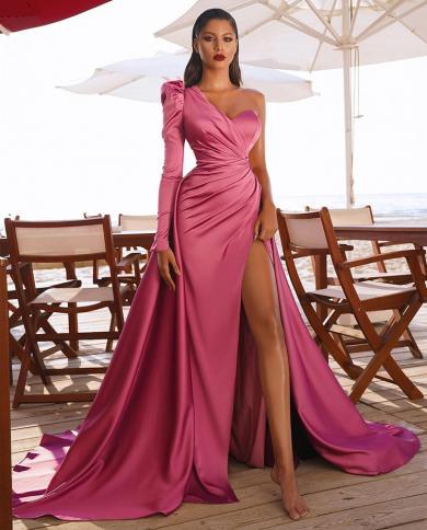 robe de soirée de mariage שמלות נשף בת ים כתף אחת עם שרוולים ארוכים שמלת ערב מפוצלת בצד שמלת ערב סאטן קפלים עבור