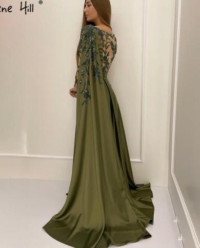 green arabic dress Green Muslim Evening Dresses A-line Long Sleeves Satin Sequins Elegant Long Saudi Arabic Evening Gown Prom Dresses