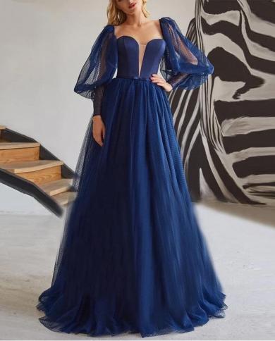 on zhu elegant puff sleeves blue dot tulle evening dress sweetheart evening gown formal floor length robes de soirée ف