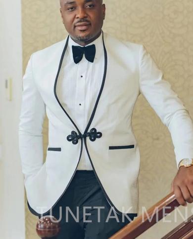 White Formal Wedding Tuxedo For Groom With No Collar Slim Fit Men