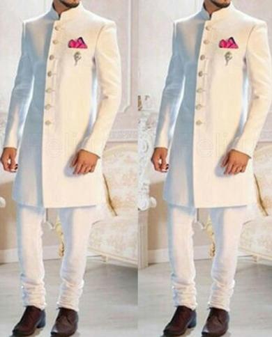 טוקסידו חתן ארוך קלאסי לחתונה עם צווארון מעמד אופנה לגברים 2 חלקים חליפות גברים לבנות סט חליפות מכנסיים בלייזר