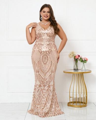 Plus Size V Neck Stretch Dress Gold Sequin Evening Dress Elegant Sleeveless  Party Maxi Dress Long Prom Dress Color Gold US Size 20