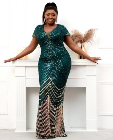 Plus Size Deep V Neck Green Sequin Evening Dress Party Maxi Dress