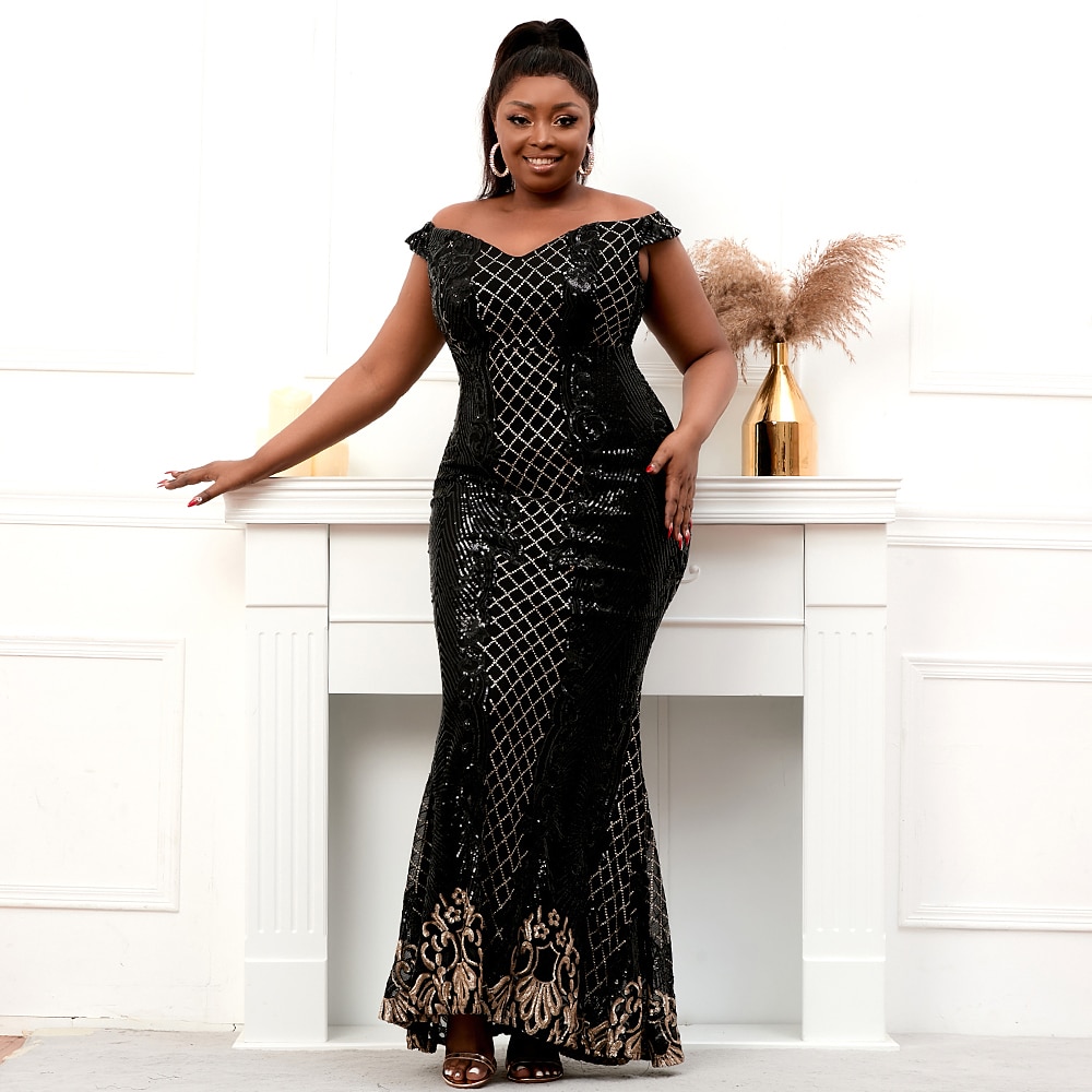 Black lace off the 2025 shoulder plus size dress