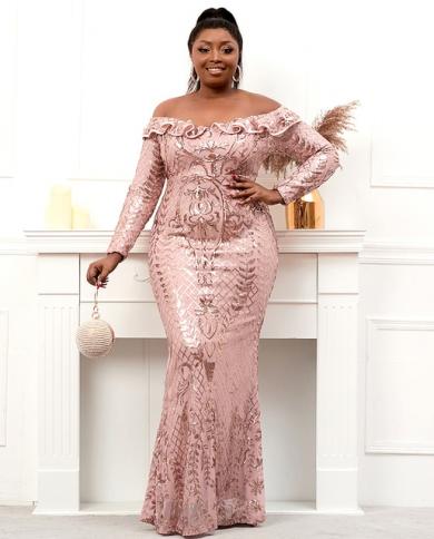 Plus Size Women Long Sleeve Sequin Evening Dress Elegant Boat Neck