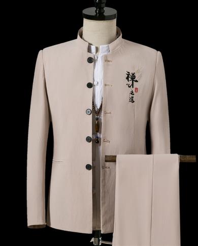גברים בסגנון סיני מסורתי מעמד צווארון חליפת מעיל מכנסיים זקט עם שרוולים ארוכים בלייזרים חתן 2 יחידות מכנסיים למשרד