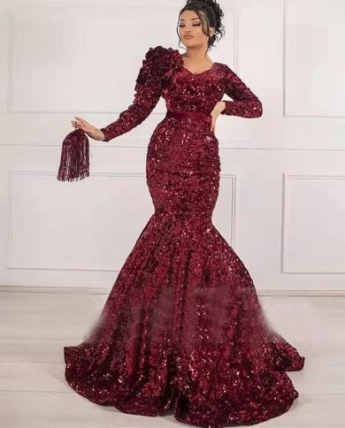 Elegant Arabic Dubai Burgundy V Neck Mermaid Evening Dress Sequins