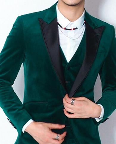 Dark Green Velvet Slim Fit Men Suits For Prom 3 Piece Black Peaked Lapel Wedding  Groom Tuxedo Custom Man Fashion Clothes Color Navy Blue Size Xxl Eu54
