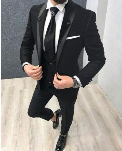 חליפות גברים שחורות בכושר slim fit לחבר 3 חלקים טוקסידו חתן לעסקים רשמיים לחתונה צעיף לנשף דש איש אופנה שיתוף