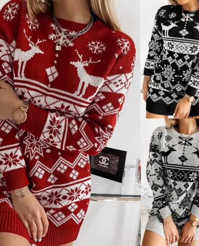 סתיו וחורף סוודרים חדשים לסריגה לנשים שמלת מיני אופנה חג המולד טלאי טלאים שרוול ארוך דק להתחמם נשים