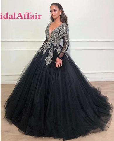 bridalaffair מודרני שחור קריסטל עם צווארון V עמוק שמלות נשף טול שרוולים ארוכים שמלת אירוע מיוחד עם חרוזים קו אפילו