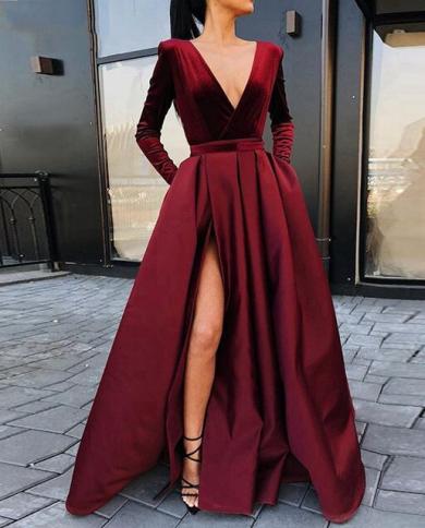 Burgundy Muslim Evening Dresses 2023 V Neck Velour Satin Formal Dress With Pockets High Slit Elegant Long Sleeve Evening Color Burgundy US Size 8 Burgundy Muslim Evening Dresses 2023 V Neck Velour Satin Formal Dress With Pockets High Slit Elegant Long Sleeve Evening Color Burgundy US Size 8
