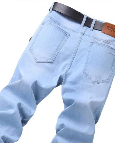 Summer Men's Washed Thin Jeans Classic Stretch LIM-Fit Denim Trousers Male  Pants Sky Blue