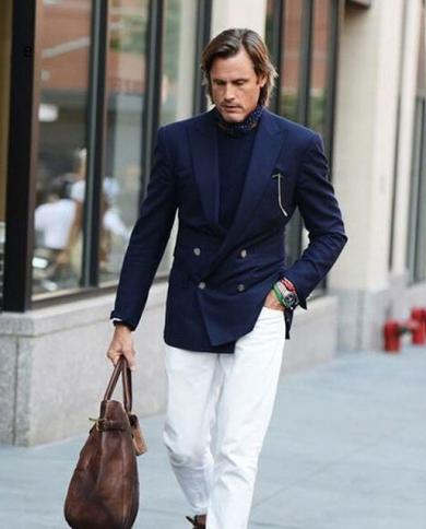 Stylish Business Casual Men's Outfit with Deep Blue Jacket and White Pants