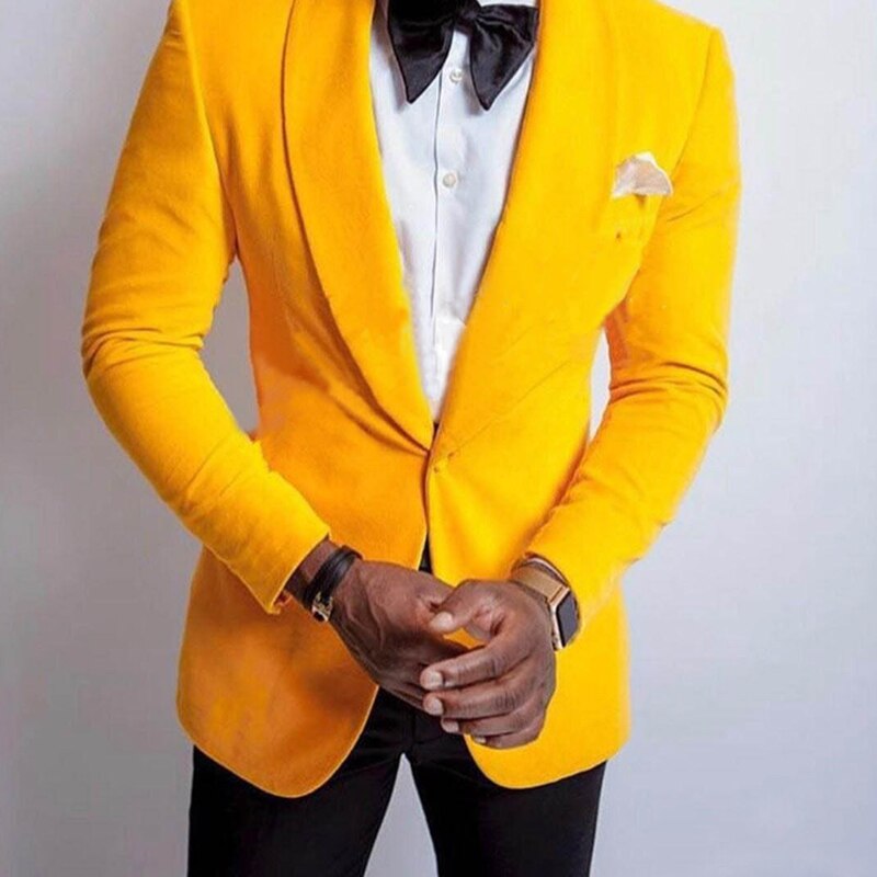 Plus Size Men's Suit Yellow Velvet Jacket 2 Pieces Wedding Evening Party  Blazer