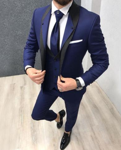 Tailor Made Royal Blue Slim Fit Wedding Suit For Men Groom Tuxedos 3 Pieces  Best Man Groomsmen Formal Business Costume H size XXL Color gray