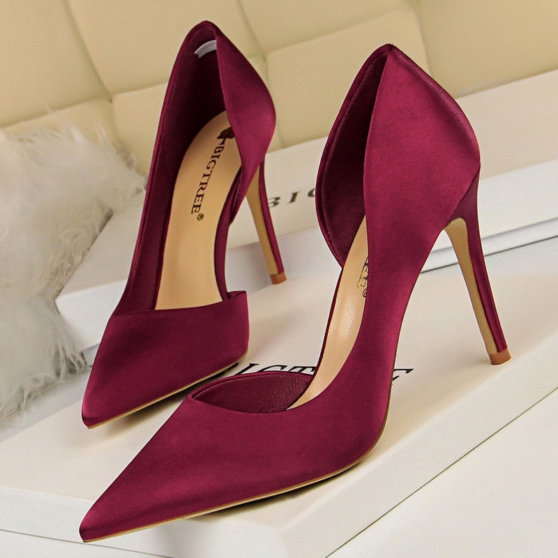 Bigtree Shoes New Wine Red Green Blue Black Women Pumps Silk High Heels  Fashion Office Shoes Female Stiletto Heels Party Color Green Shoe Size 35