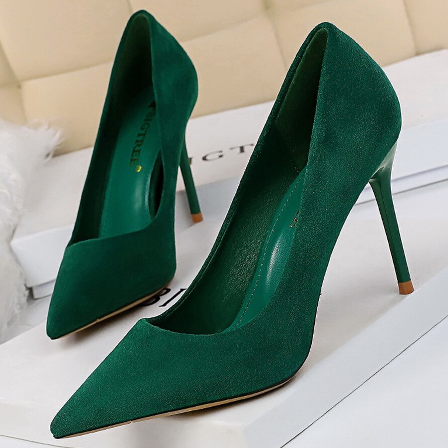 Bigtree Shoes Suede Woman Pumps New High Heels For Women Office Shoes  Fashion Stiletto Heels Women Basic Pump Plus Size Color Green Shoe Size 42