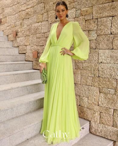 fluorescent green prom dresses chiffon puffy sleeve prom dress floor length party dress deep v neck silk chiffon فست�