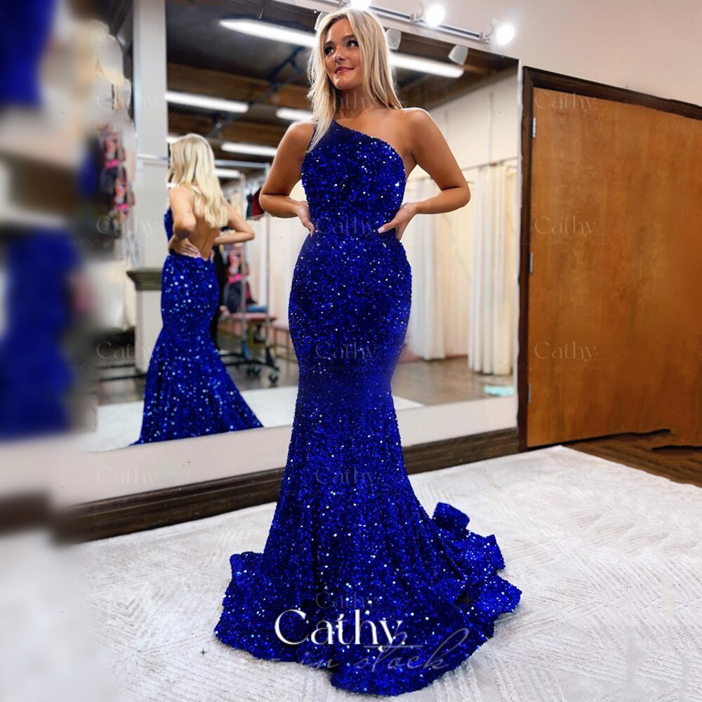 fitted lace wedding dress Chic Sleeveless Mermaid Sequins Prom Dresses with Ruffles Long main image 1