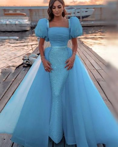 fitted lace wedding dress Dressime Mermaid Sequin Off The Shoulder Puff Sleeve Long Prom Dresses –  dressime main image 1