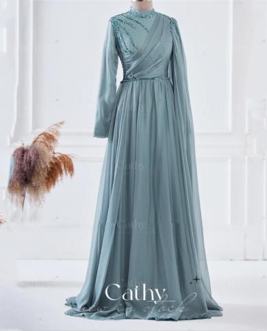Muslim High Neck Party Dresses Long Sleeves A Line Satin Prom Dress  Handmade Sequins Vestidos De Noche Custom US Size 10 Color Jade