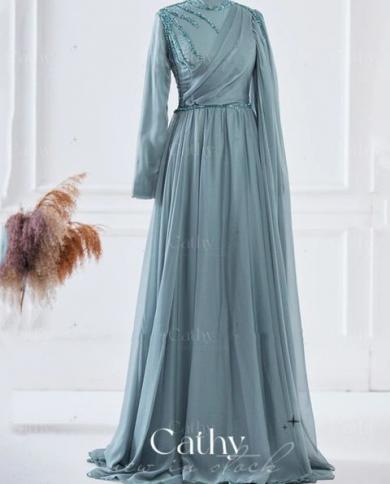 Muslim High Neck Party Dresses Long Sleeves A Line Satin Prom Dress Handmade Sequins Vestidos De Noche Custom US Size 10 Color Jade Muslim High Neck Party Dresses Long Sleeves A Line Satin Prom Dress Handmade Sequins Vestidos De Noche Custom US Size 10 Color Jade
