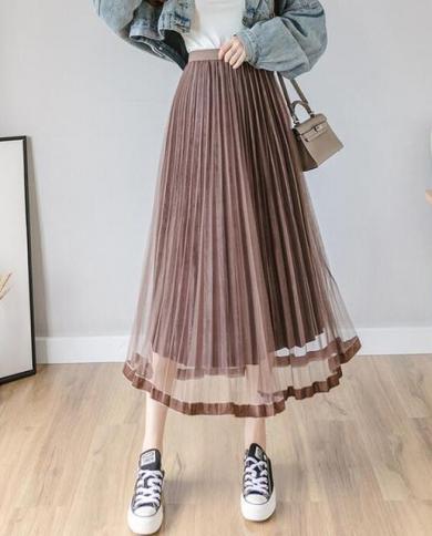 Women Midi Skirt Tulle Skirt Mesh Pleated Elastic High Waist