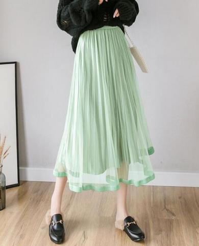 Women Midi Skirt Tulle Skirt Mesh Pleated Elastic High Waist