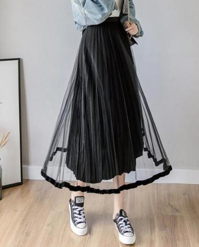 7 Colors Fashion Winter Mesh Midi Skirt Women Elastic High Waist