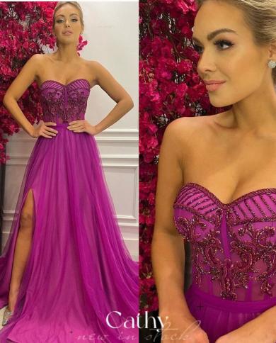 strapless purple a line prom dress sweetheart فستان سهرة  side split sleeveless party dress lace embroidery ev