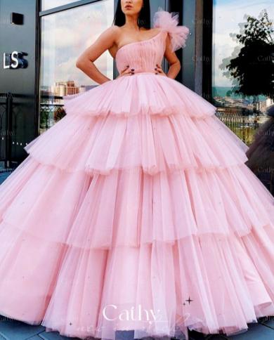 luxury ball gown فستان سهرة princess pink prom dresses  one shoulder ball layer womens dresses for party weddi