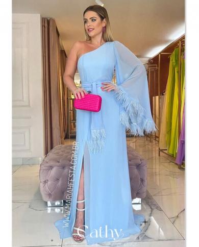 one shoulder silk chiffon prom dress feather sleeves فستان سهرة  side split party dress floor length evening d