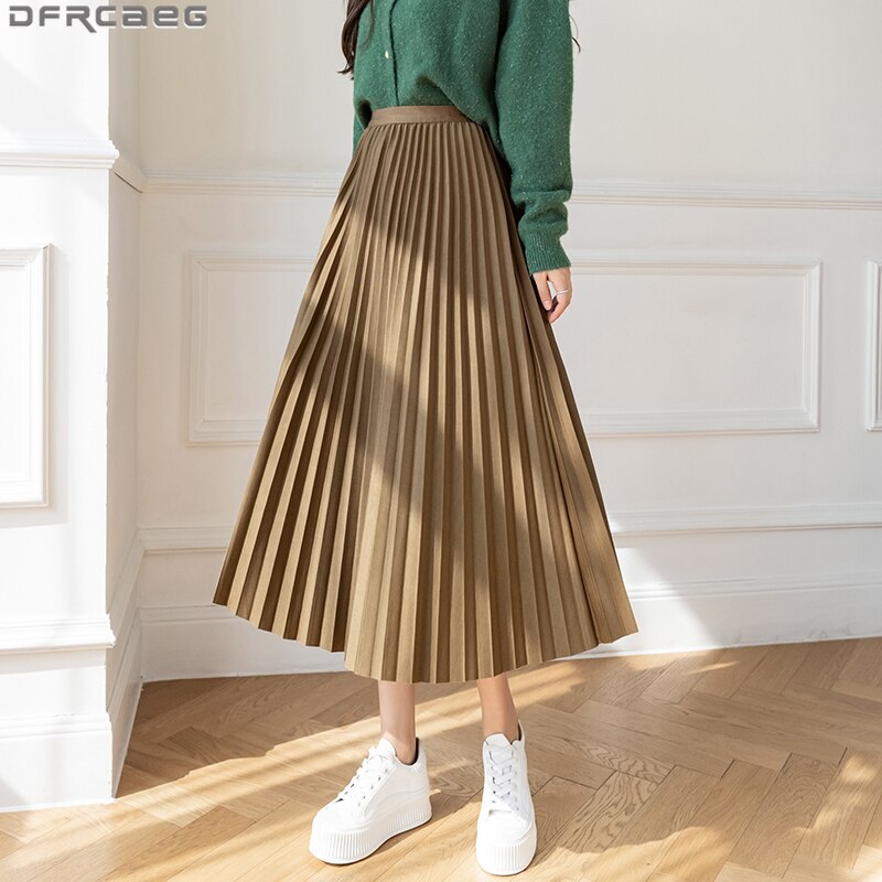 New Style Fashion Pleated Skirt Vintage Fall Winter Wool Maxi Long Skirts  For Women Aline Stretch High Waist Faldas Mid size S Color Black