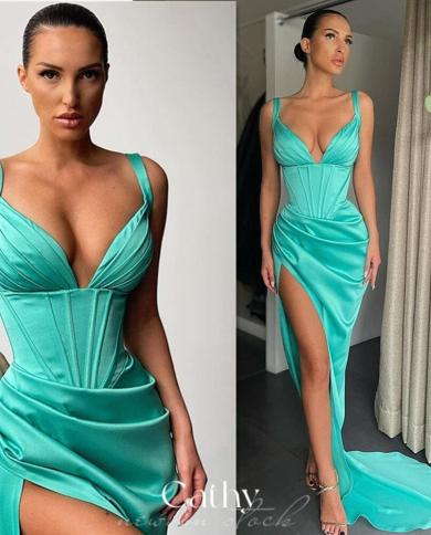 v neck silk chiffon prom dress side high split فستان سهرة  sleeveless party dress floor length evening dress c