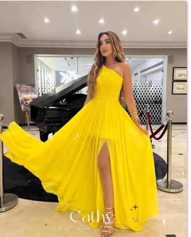 one shoulder aline prom dress yellow silk chiffon فستان سهرة side split party dress floor length evening dress