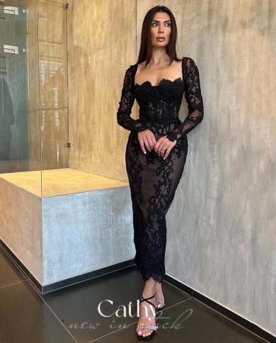 tight black فستان سهرة  handmade lace embroidery prom dresses long sleeve trumpet evening dress  mermaid party