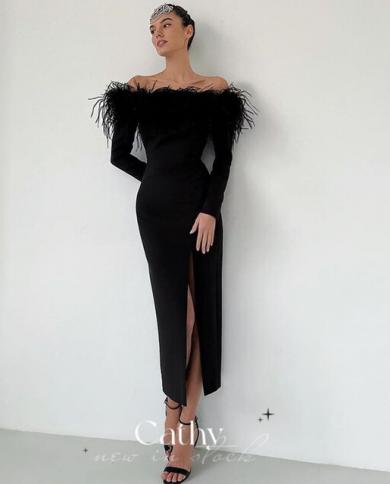 Long Sleeve Mermaid Prom Dress Black Matte Satin Evening Gown Handmade  Feather Prom Dresses Vestidos De Fiesta US Size 2 Color custom color