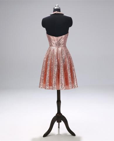 Short Prom Dresses Halter Neck Backless Mini Rose Gold Sequined Formal  Party Dress Evening Gowns Prom Dresses Color champagne US Size 4
