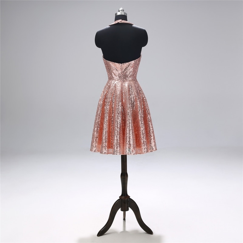 Short Prom Dresses Halter Neck Backless Mini Rose Gold Sequined Formal  Party Dress Evening Gowns Prom Dresses Color champagne US Size 4