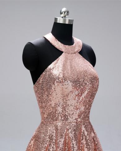 Short Prom Dresses Halter Neck Backless Mini Rose Gold Sequined Formal  Party Dress Evening Gowns Prom Dresses Color champagne US Size 4