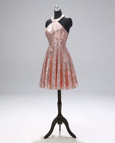 Short Prom Dresses Halter Neck Backless Mini Rose Gold Sequined Formal  Party Dress Evening Gowns Prom Dresses Color champagne US Size 4